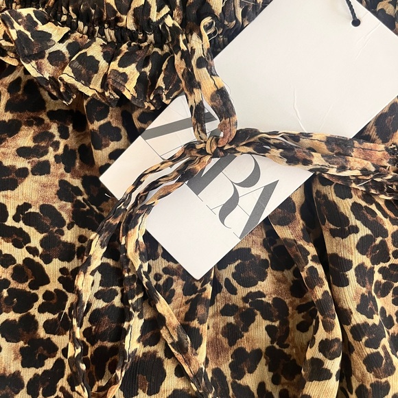 ZARA Leopard Animal Print Mini Skirt Drawstring Ruffle Size Small - Picture 6 of 7
